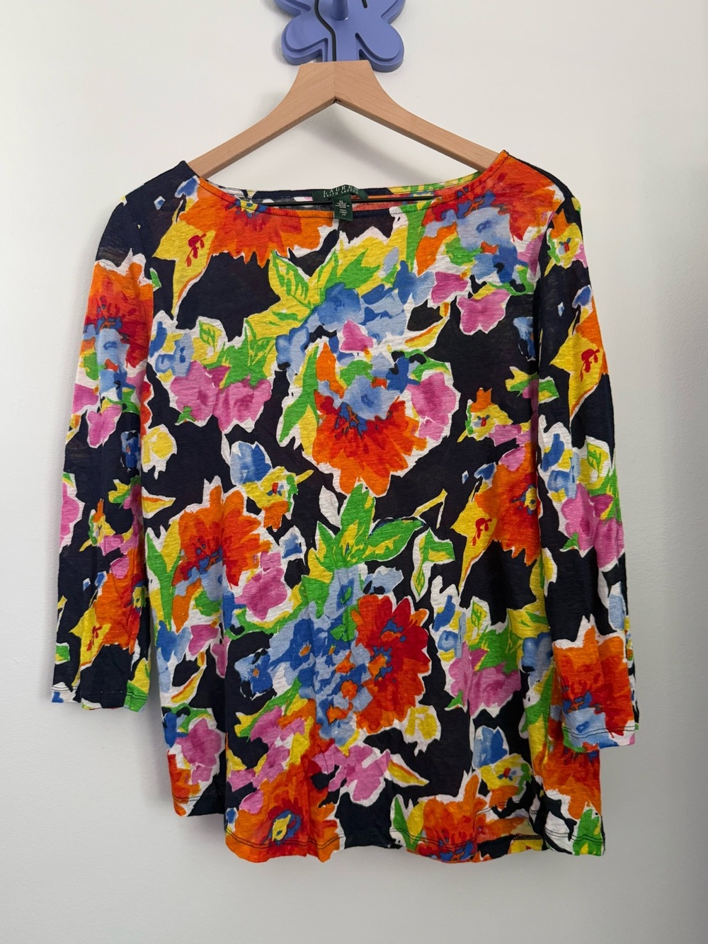Lauren Ralph Lauren XL Colorful Floral Linen Blouse 3/4 Sleeve Relaxed Boho